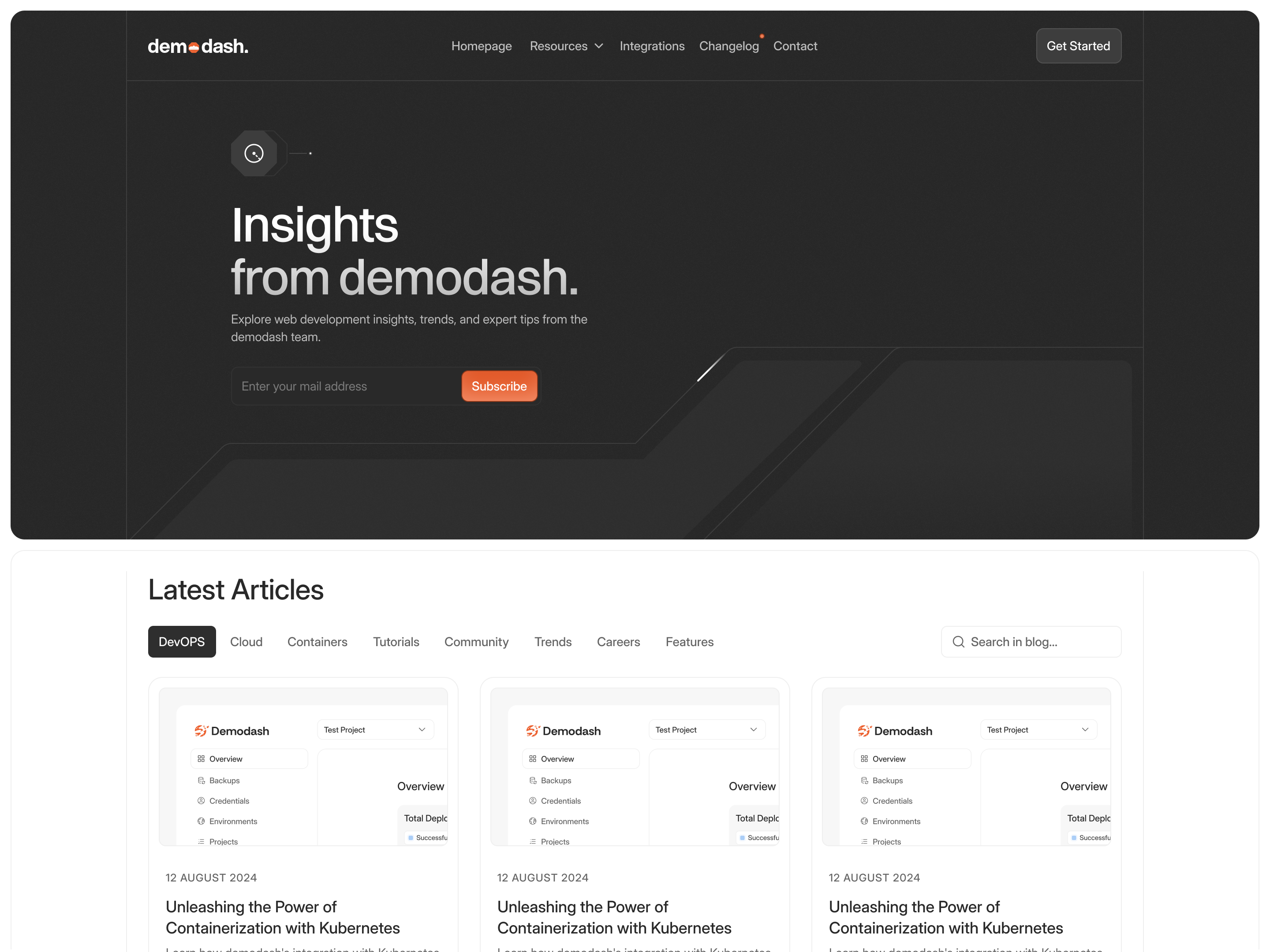 Mockup of UI and UX design for demodash's website